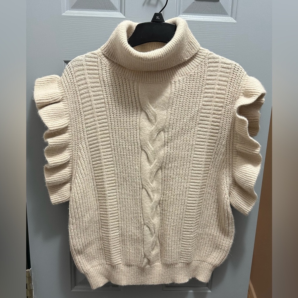 Entro Turtleneck Sweater with Short Ruffle Sleeves, Size Medium, Beige